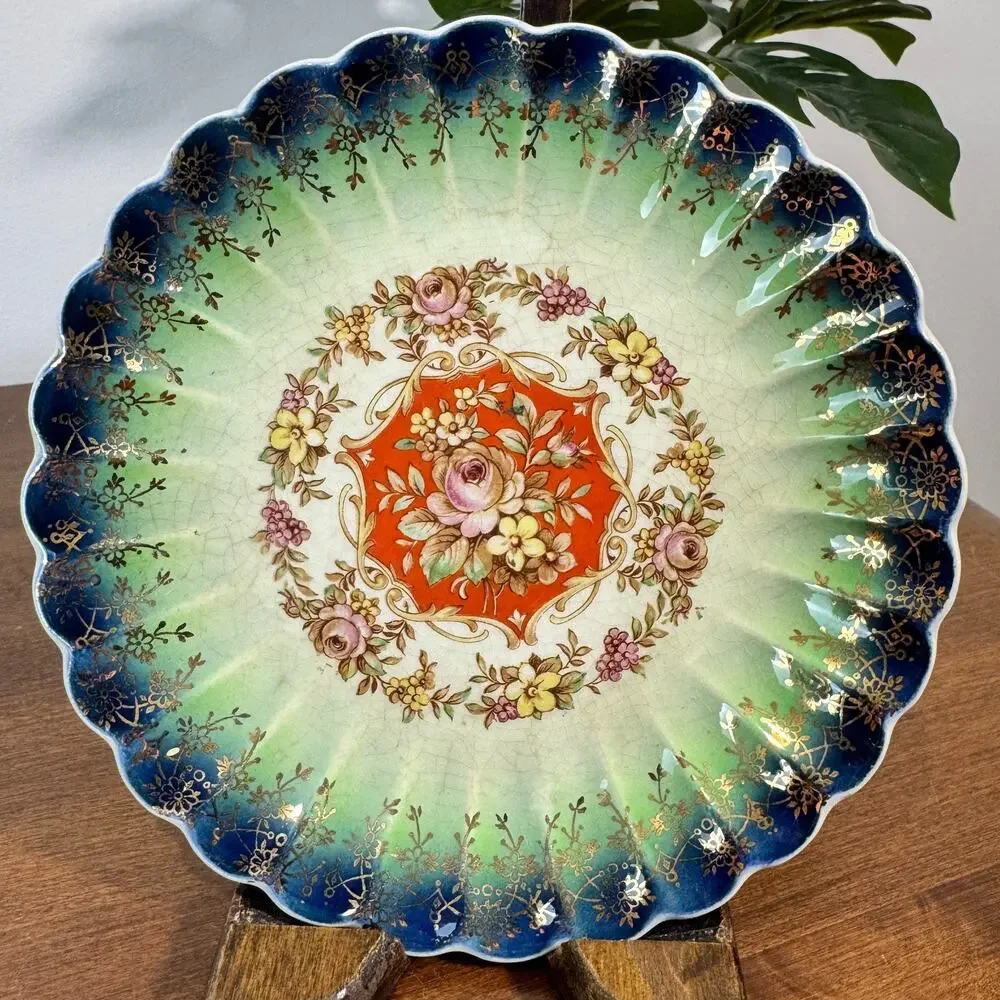 Vintage Leigh Ware Scalloped Dessert Plate Cobalt Blue Floral 22K Gold Art Deco